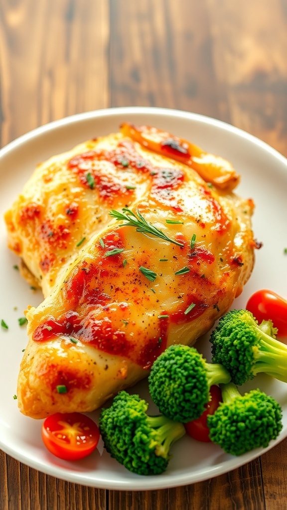 High-Protein Air Fryer Chicken Breast Recipe Air fryer chicken breast served with broccoli and cherry tomatoes on a white plate.